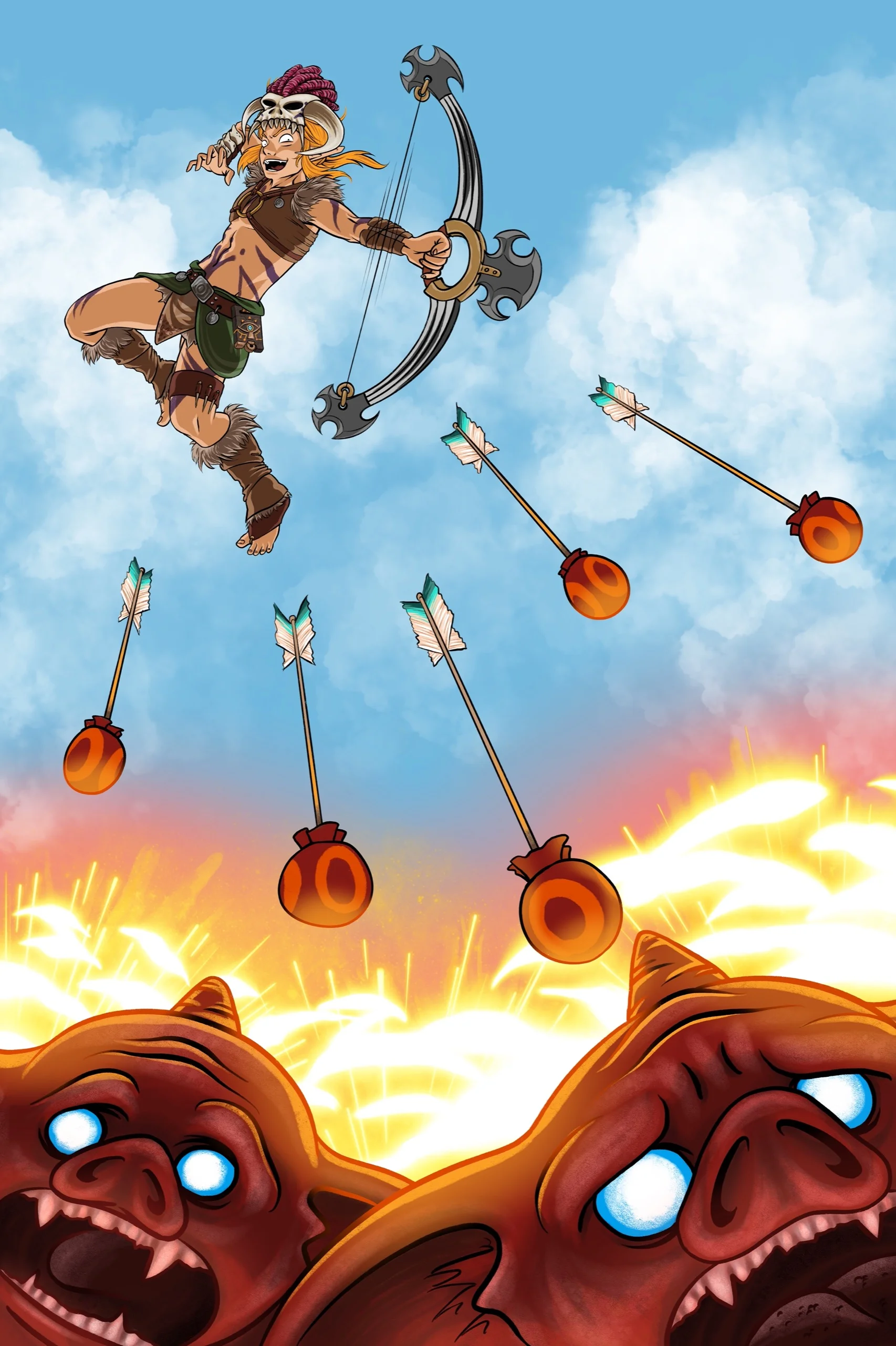 colorbyemi zelda breath of the wild berserker link shooting bomb arrows art print